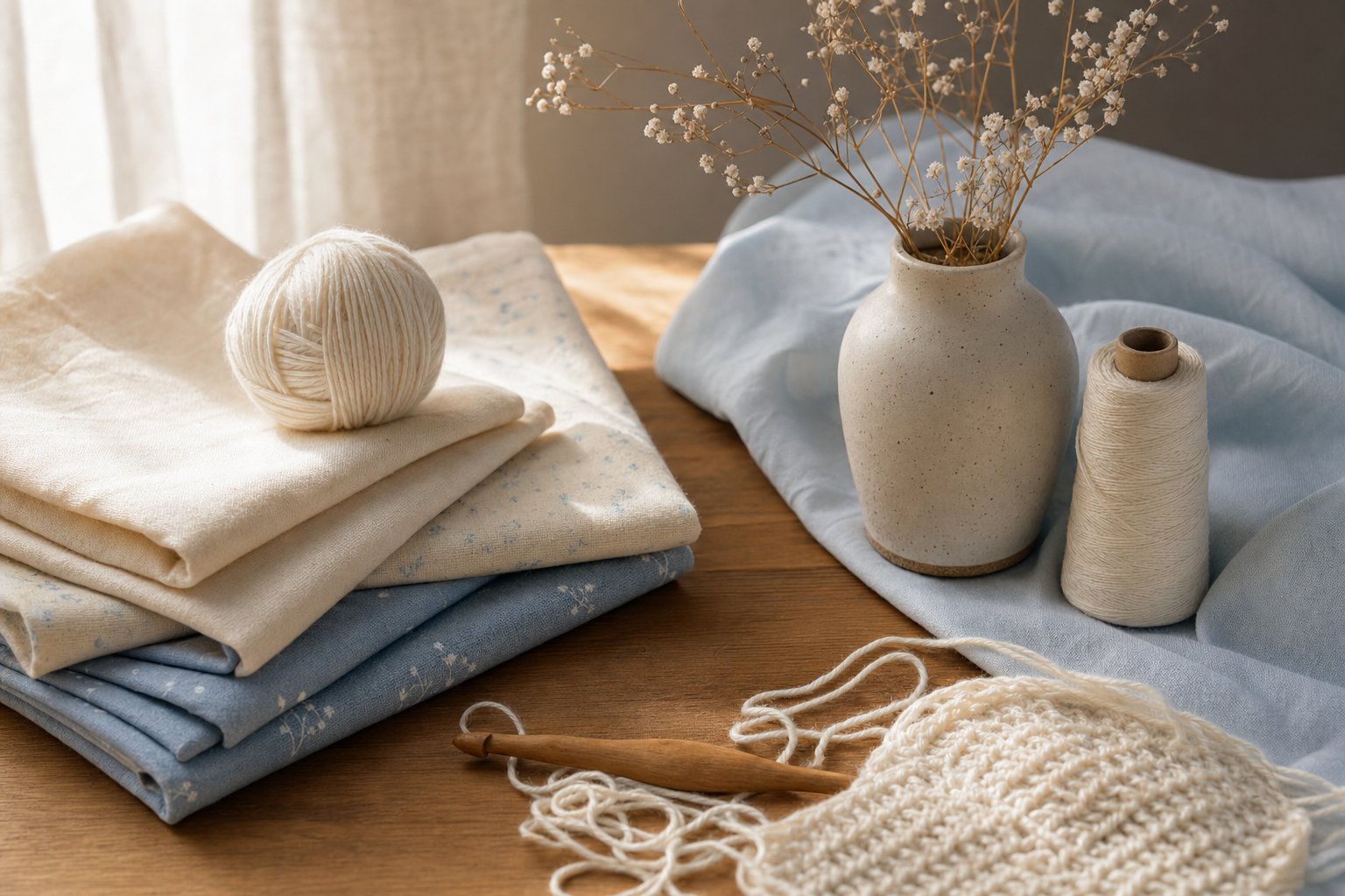 Ausgewählte Stoffe, Wolle und Materialien für die Handarbeit